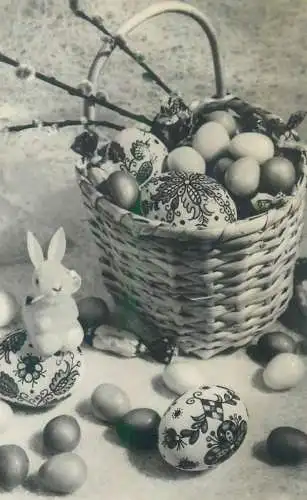 Postcard photo Easter scene eggs and bunny