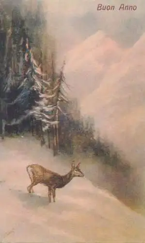 Postcard greetings card New Year Buon Anno deer in the snow