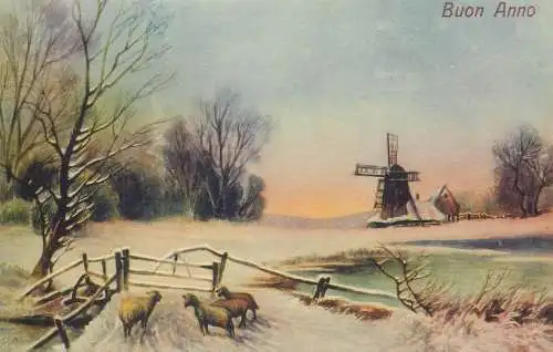 Postcard greetings card New Year Buon Anno sheep herd in the snow windmill