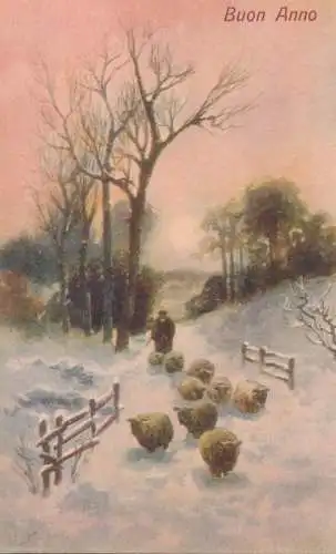 Postcard greetings card New Year Buon Anno sheep herd in the snow