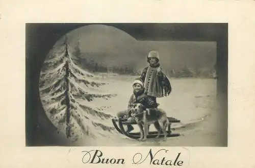 Postcard greetings card Buon natale children and dog sled