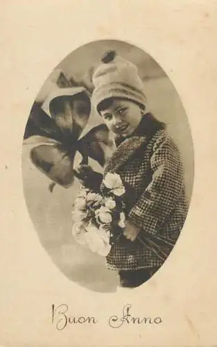 Postcard greetings card Buon Anno child and flower