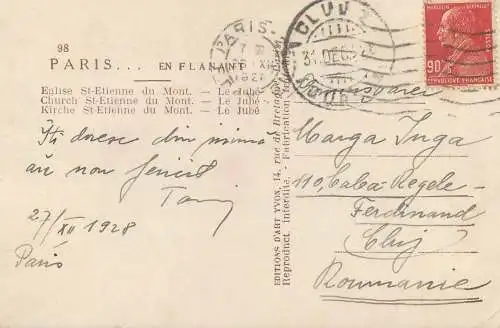 Corespondenta Romania Marga Iuga Cluj 1928 carte postale Paris eglise St-Etienne du Mont
