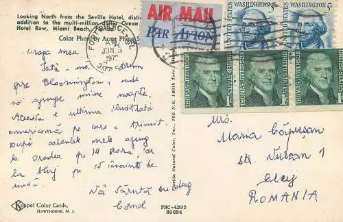 Correspondance 1970 United Statesair mail via Cluj Romania Miami Beach scenic postcard