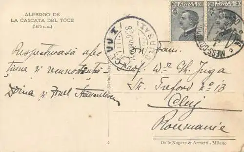 Correspondance 1928 Formazza Albergo de la Cascata del Toce - Cluj Romania cartolina postale