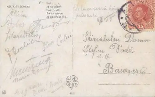 Kunstler-AK Ad. Liebscher - Sein Lied 1919 correspondance Romania Baiasesti Suceava Bucovina