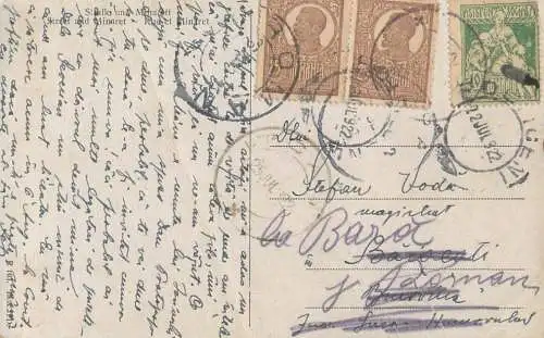 Romania corespondenta Falticeni - Bara Neamt Roman Bucovina 1922 Kunstler R. Leinweber - Street and Minaret scenic