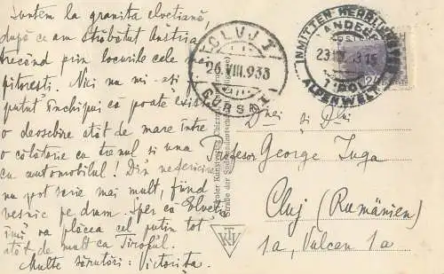 Romania corespondenta Profesor George Iuga 1933 Austria - Cluj Schloss Landeck foto-AK