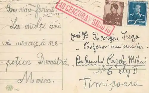 Romania corespondenta cenzurat Sibiu Profesor Universitar Gheorghe Iuga Timisoara royalty franking stamps