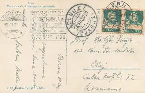 Romania correspondance Prof. Dr. Gh. Iuga Bern - Cluj 1930 monument de l`Union postale universelle