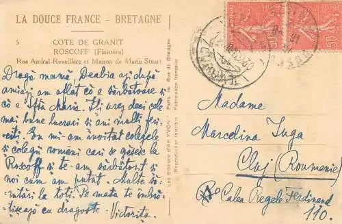 Romania correspondance Marcelina Juga 1930 Roscoff Cote de Granit - Cluj