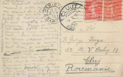 Romania corespondenta Paris - Cluj profesor George Iuga 1927 actor Rod la Roque postcard