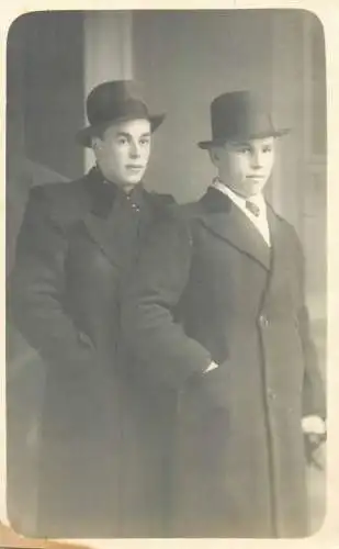 Social history vintage photo postcard elegant young men with hats portrait