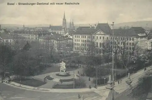 Postcard Switzerland Basel Strassburger Denkmal mit neuer Realschule