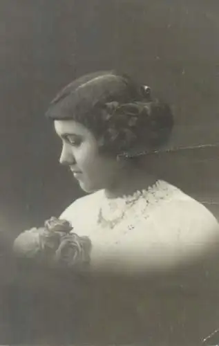 Elegant beautiful lady fancy coiffure portrait