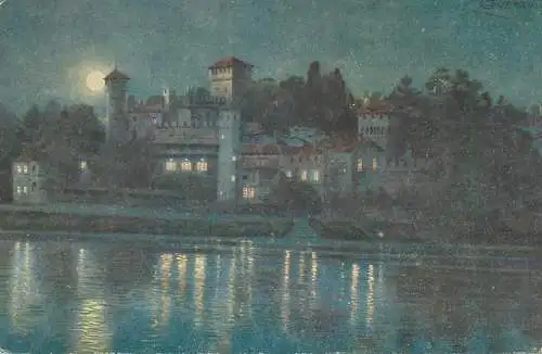 Italy Torino Castello Medioevale sul Po vista di notte