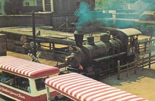 Postcard United States > CA - California > Los Angeles Universal city GlamorTram in path of Runaway train