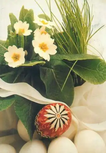 Easter greetings decorative flower bouquet & pencilled egg