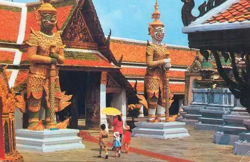 Postcard Thailand Bangkok 1981 guards at temple Wat Phra Keo