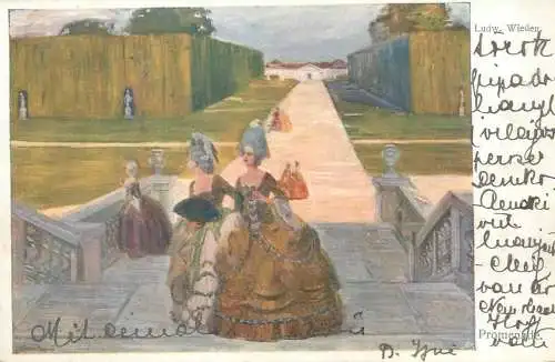 Ludwig Wieden - Promenade water damaged postcard unstick back Wiener Kunst