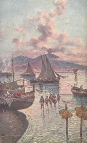 Postcard Italy Naples Napoli Vesuvio tramonto con barche peschereccie