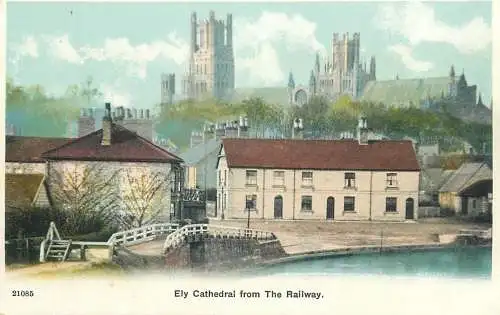 Postcard UK England Ely cathedral from the railway