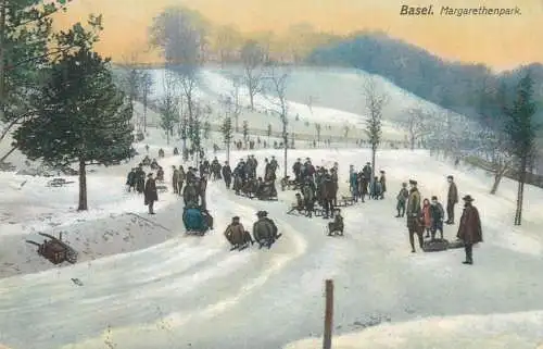 Postcard Switzerland Basle-Town people wintersport Margarethenpark