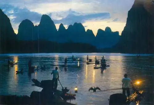 China Guilin Beautiful Kweilin scenic postcard evening on Likiang river cormorant fishing