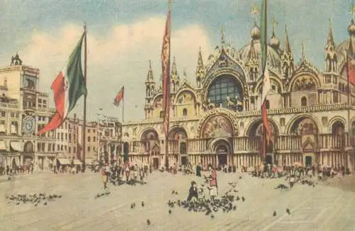 Postcard Italy Venice St. Mark basilica and clock tower