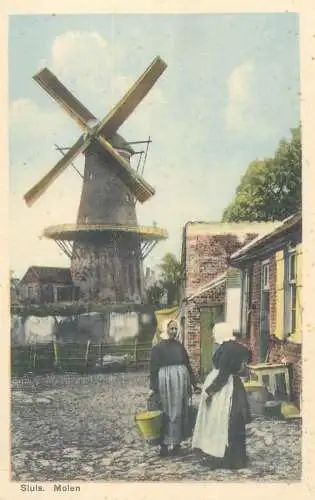 Postcard Netherlands Sluis Molen wind mill traditional costume