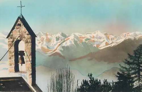 Postcard France Peira Cava Alpes Maritimes clocher de l'Eglise et la chaine des Alpes