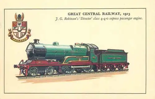 Postcard transportation train Great Central Railway 1913 J.G. RObinson Director class