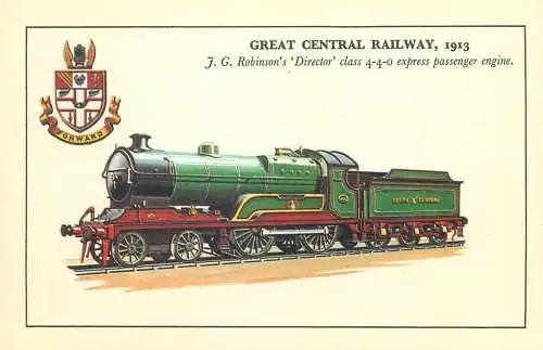 Postcard transportation train Great Central Railway 1913 J.G. RObinson Director class