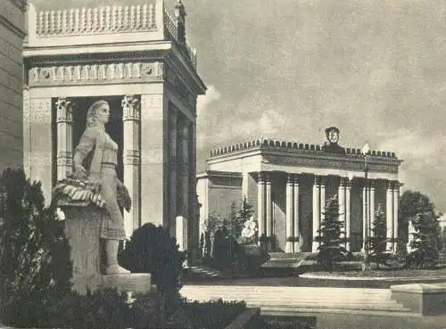 Postcard Soviet union agricultural exhibition pavilion expo 1954 Russia column temple and statue