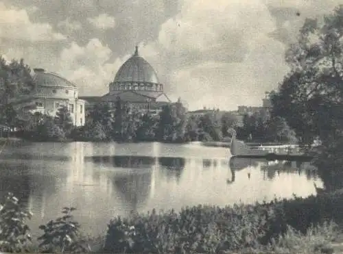 Postcard Soviet union agricultural exhibition pavilion expo 1954 Russia park and lake