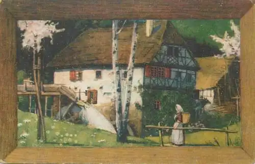 Rural life aspects peasant woman and farmhouse