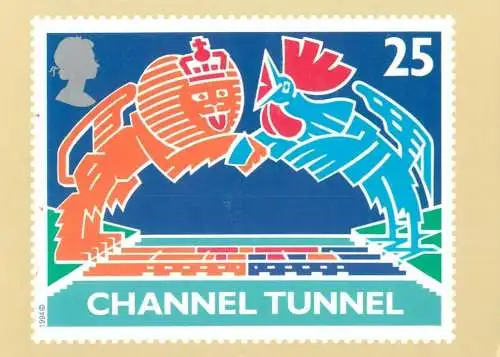 Channel Tunnel (British Lion & French Cock) reproduced from a stamp by George Hardie