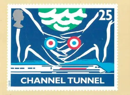 Channel Tunnel (Hands across the Channel) reproduced from a stamp by Jean-Paul Cousin