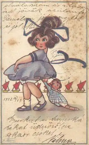 Italian illustrator 1922 girl & doll caricature