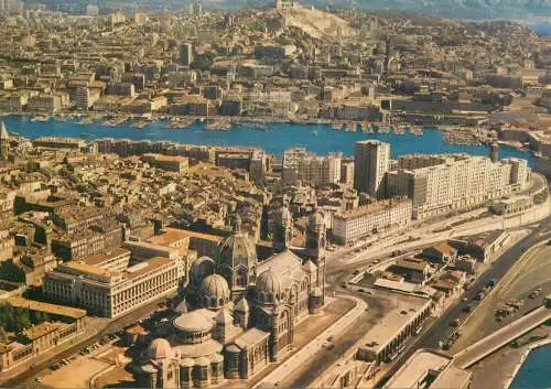 France Marseilles vue aerienne La Cathedrale, le Vieux Port & Basilique Notre Dame de la Garde