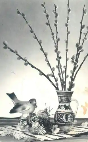 Postcard greetings card holidays Christmas New year Romania porcelain vase and bird