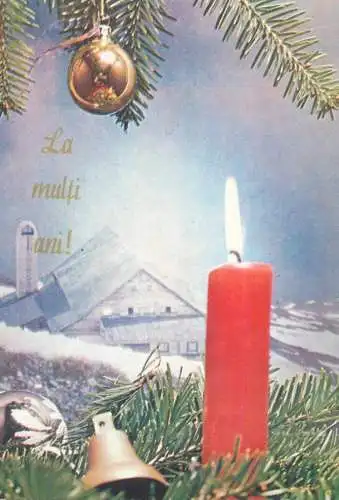 Postcard greetings card holidays Christmas New year Romania candle globe 1987