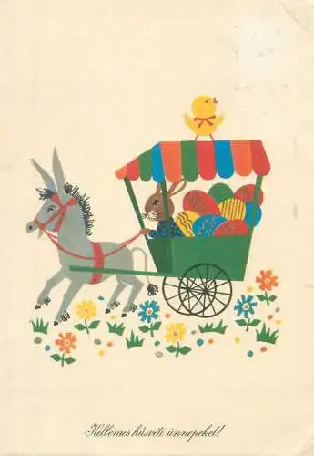 Postcard greetings card holidays Easter celebration Hungary humanized bunny and egg cart