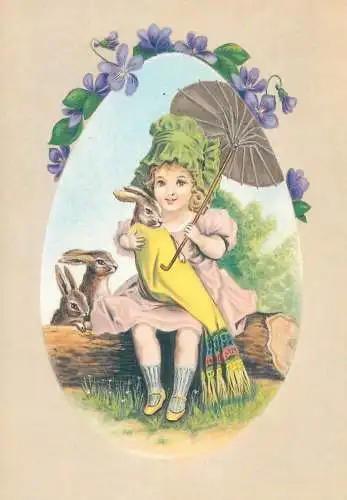 Postcard greetings card holidays Easter celebration Hungary girl with rabbit 1991
