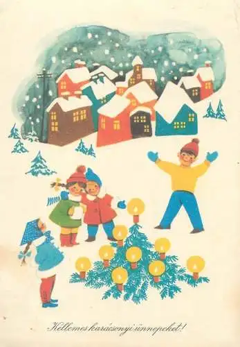 Postcard greetings card Christmas and New Year Hungary children playing in the snow 1974