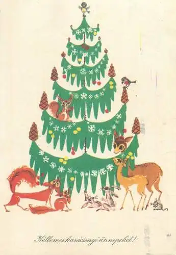 Postcard greetings card Christmas and New Year Hungary tree and animals 1975