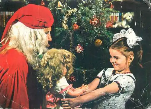 Postcard greetings card Christmas and New Year Romania 1975 Santa doll girl