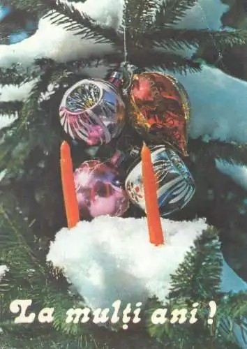 Postcard greetings card Christmas and New Year Romania candles globe
