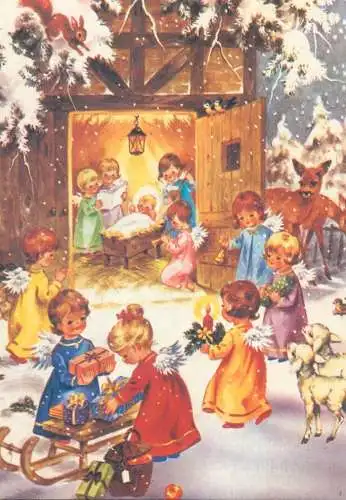 Postcard greetings card Christmas and New Year Romania angels wrapping gifts nativity scene