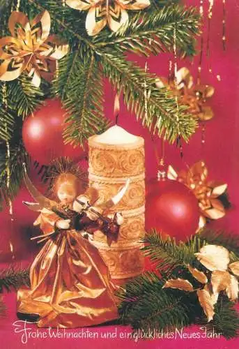 Postcard greetings card Christmas and New Year Hungary 1988 candle angel violin globe
